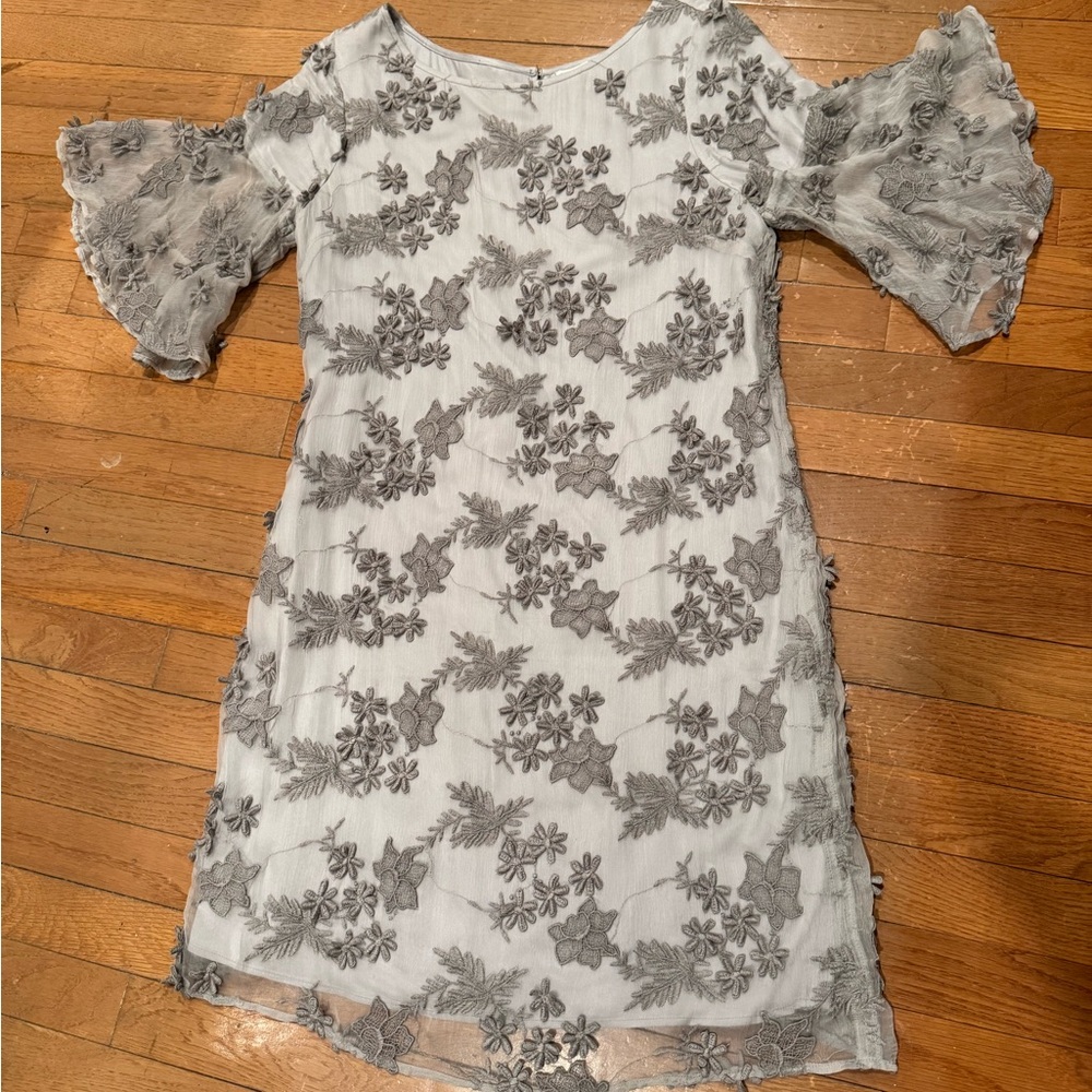Sundance Gray Silk & Lace Embroidered Dress | Sheer Bell Sleeves